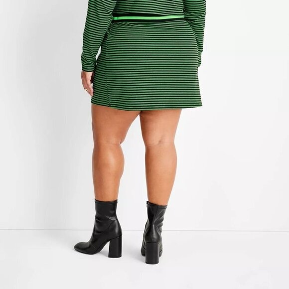 Future Collective Green Striped Long Sleeve Crop Top and Knit Mini Skirt Set 1X - Picture 2 of 9